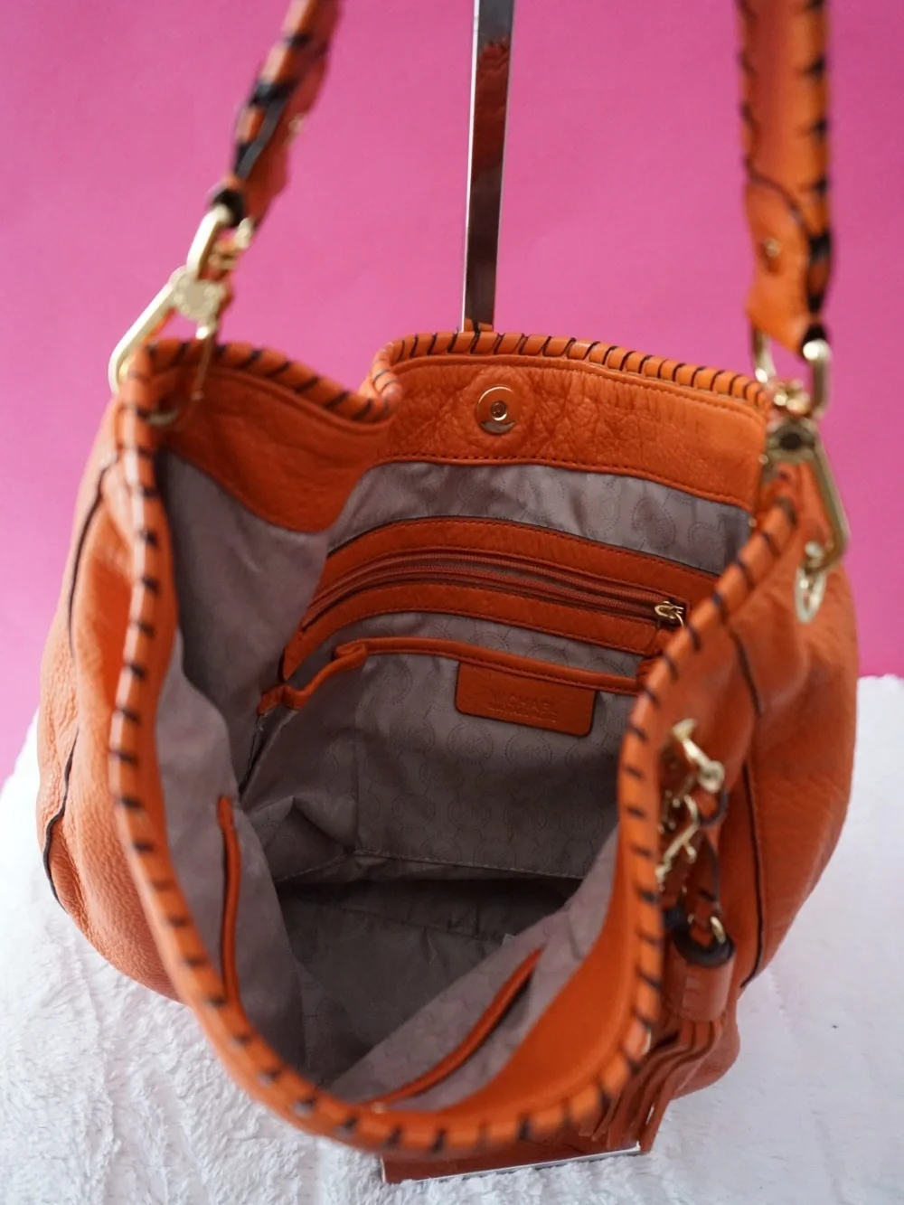 Michael Kors Orange Pebbled Leather Whipstitch Hobo Shoulder Bag with Tassels